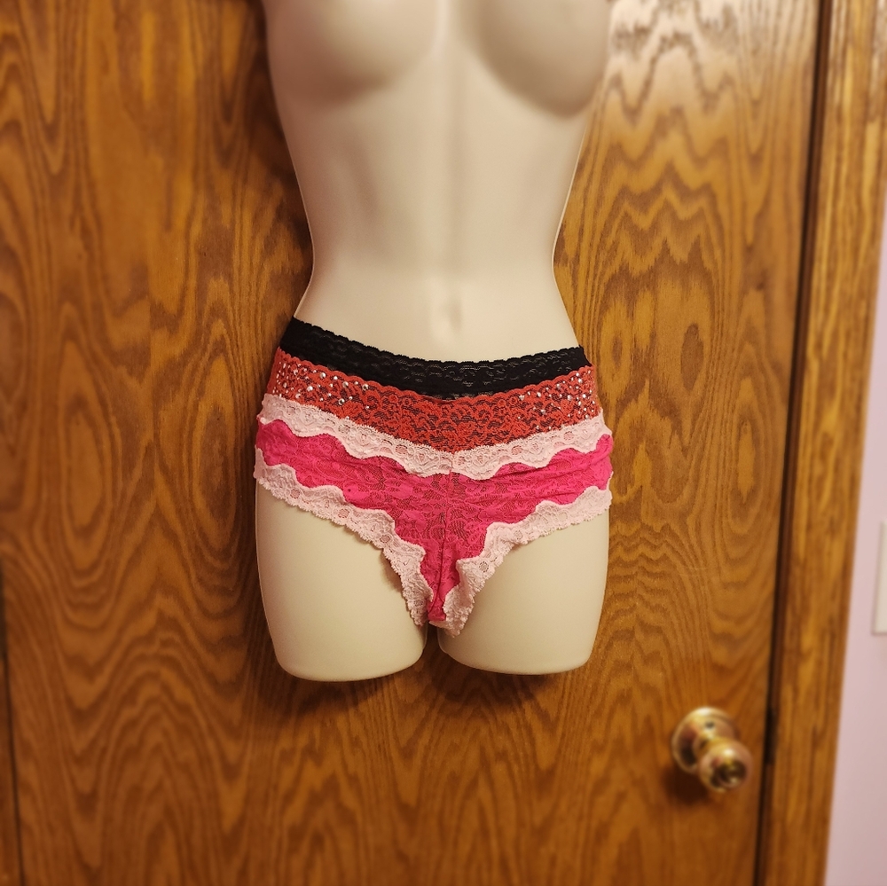 3 Victoria Secret Lace Trimmed Women's Panties - Black, Red, Pink Sz Med NWT